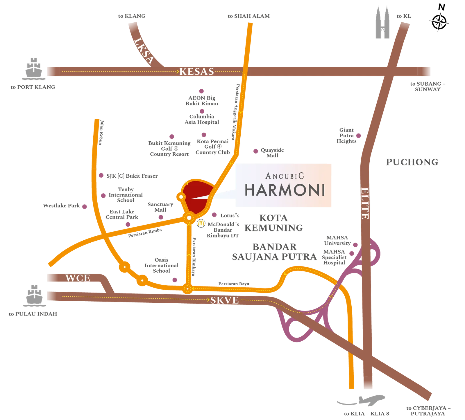 Location map of Ancubic Harmoni with surrounding highways KESAS, SKVE, WCE and ELITE